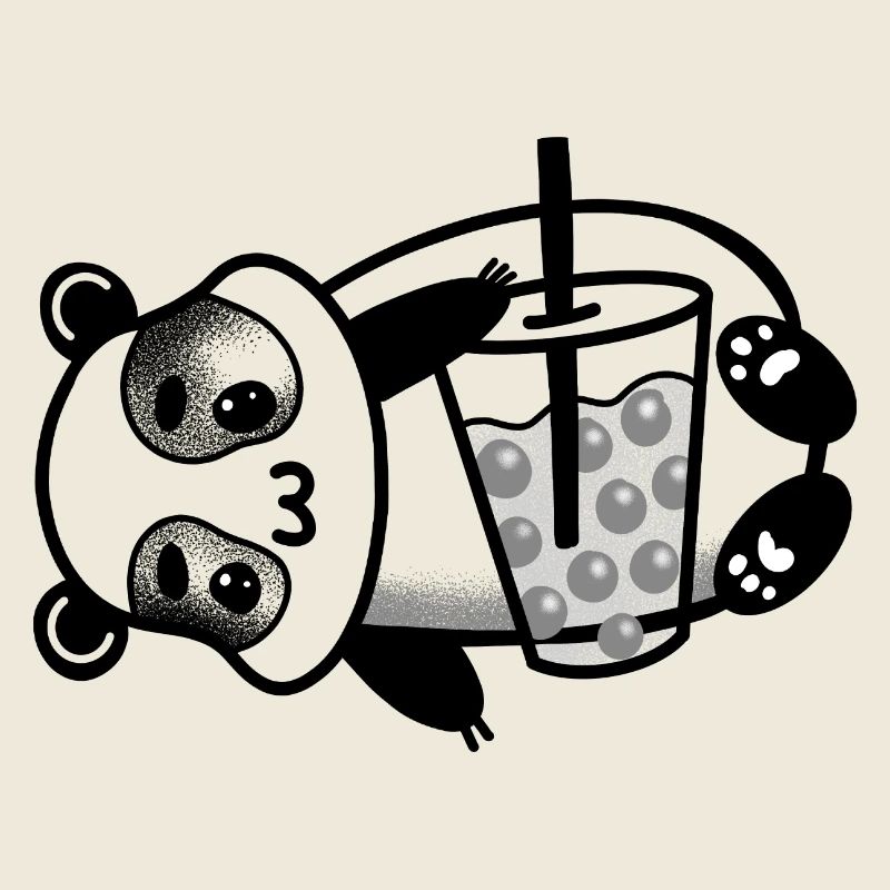 Panda allongé avec un thé à bulles