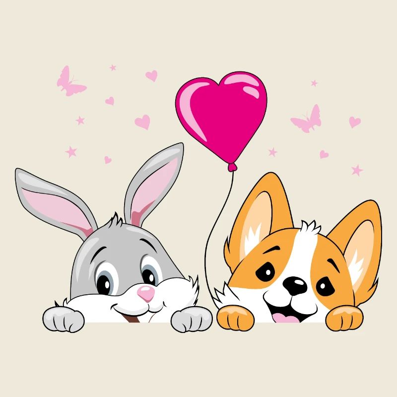 Peeking smiling rabbit and corgi dog with balloon