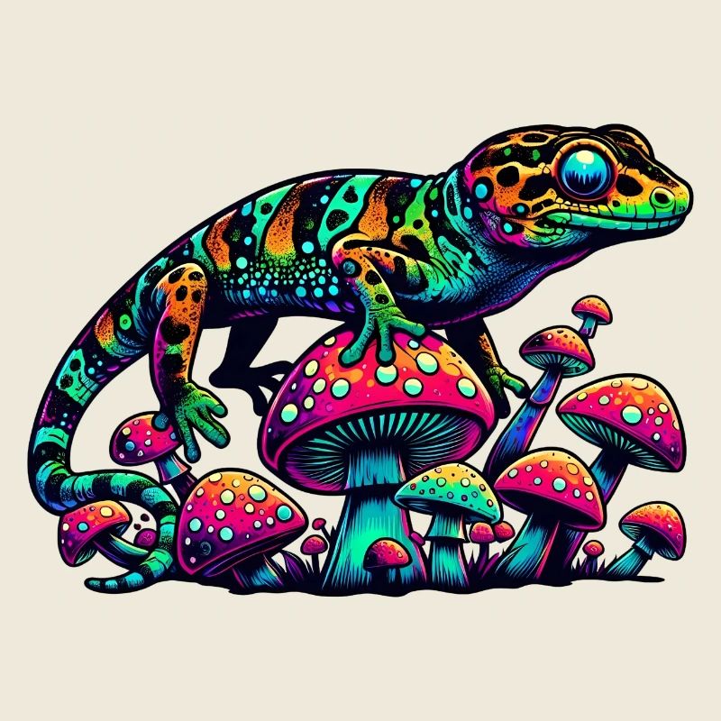 Psychedelischer Gecko mit Pilzen