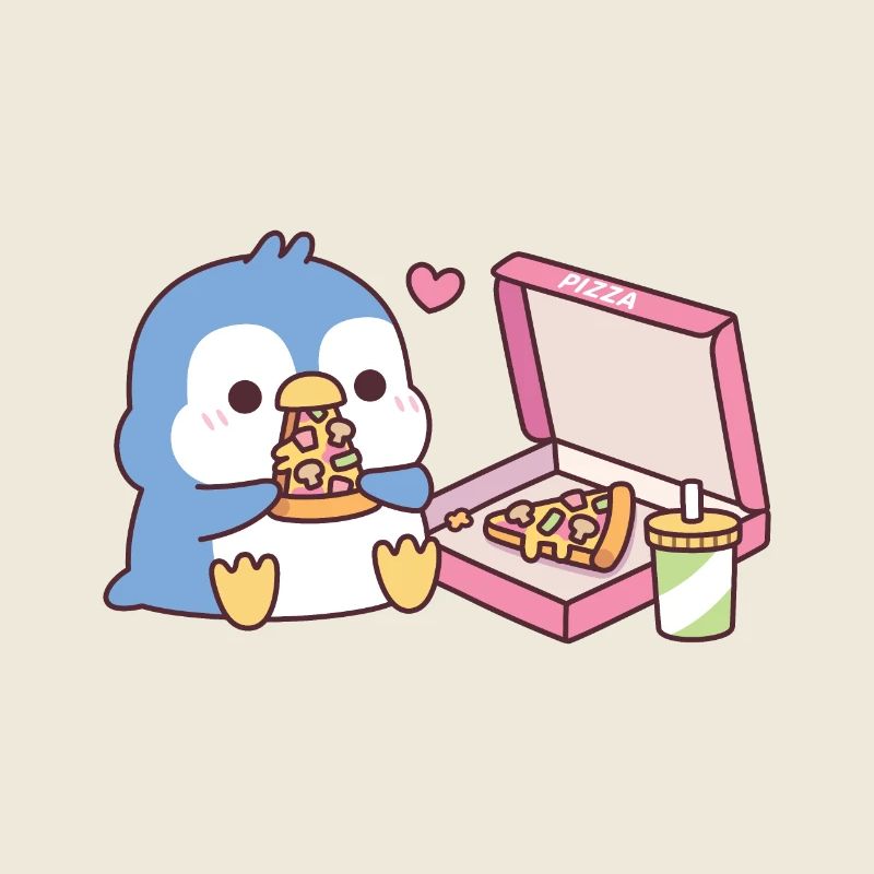 Süßer blauer Pinguin liebt es, Pizza zu essen