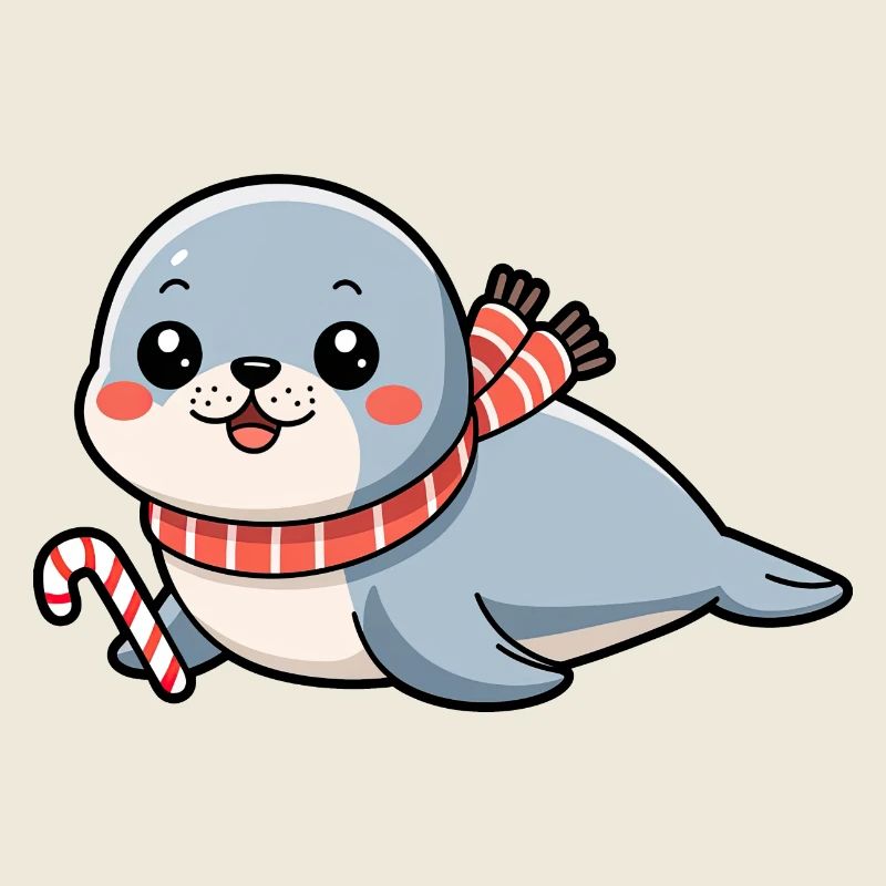 Kawaii Christmas Baby Seal with Candy Cane