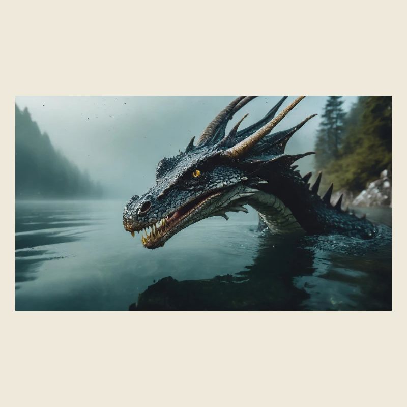 Un méchant dragon noir réaliste dans une rivière brumeuse