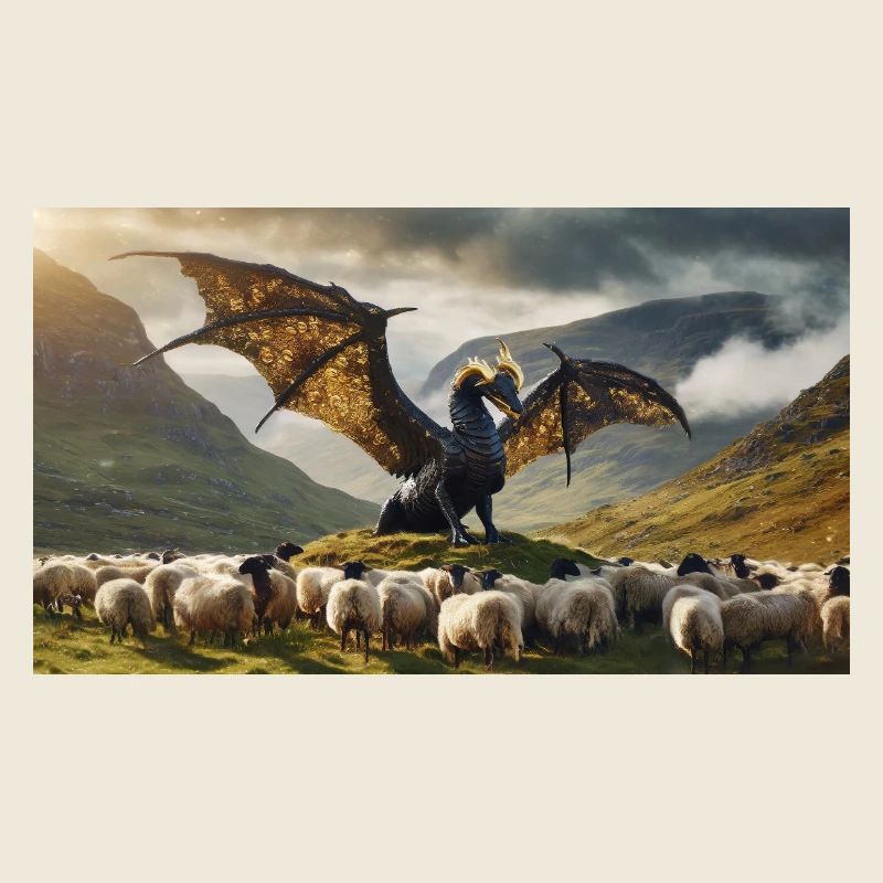A realistic bad black and golden dragon hunting
