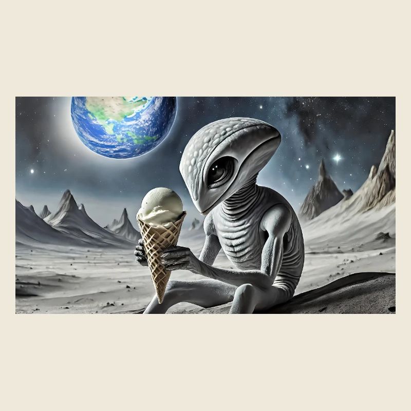 extraterrestre gris à la surface de la lune – manger de la crème glacée