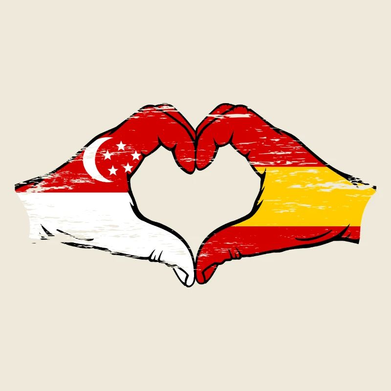 Singapour Espagne drapeau mains forme de coeur utilisé