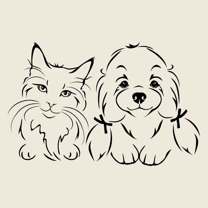 Outlined cute cat and Maltese dog