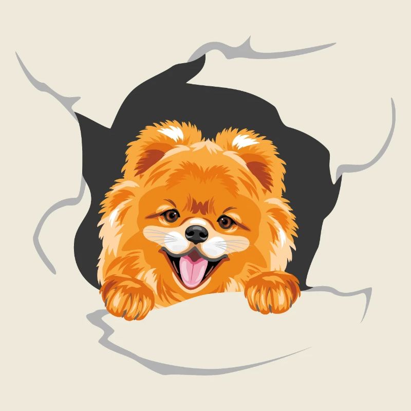 Smiling Pomeranian dog peeps through torn paper