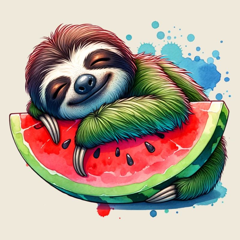 Faultier schläft auf einem Stück Wassermelone