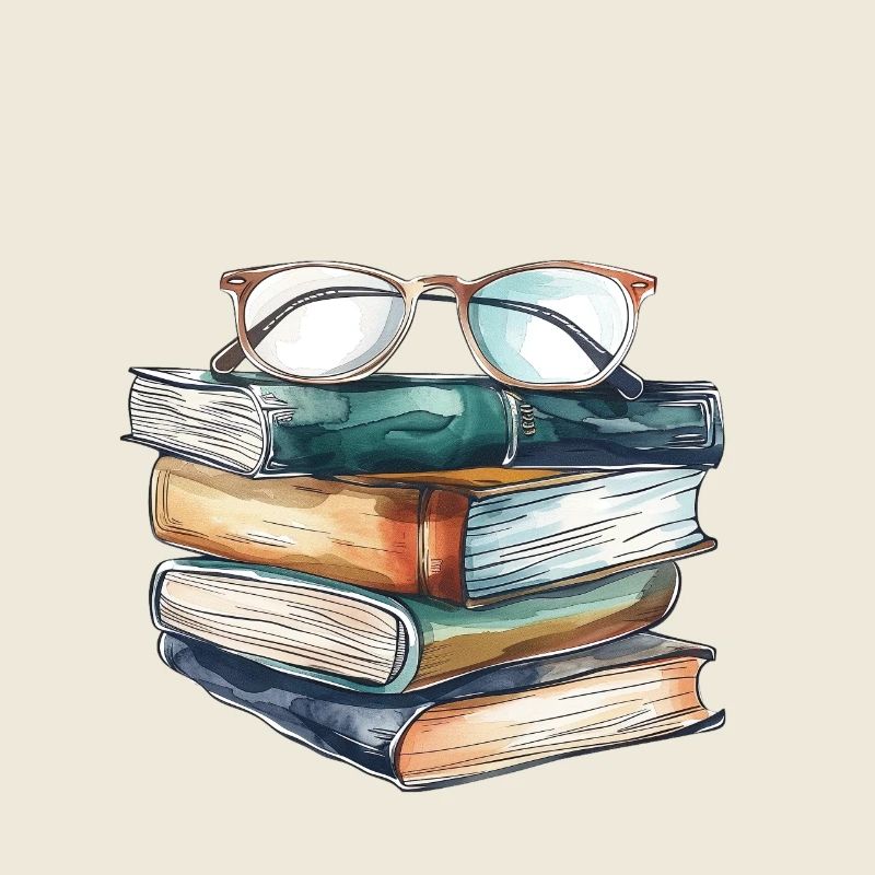 Stapel klassischer Bücher mit Brille darauf