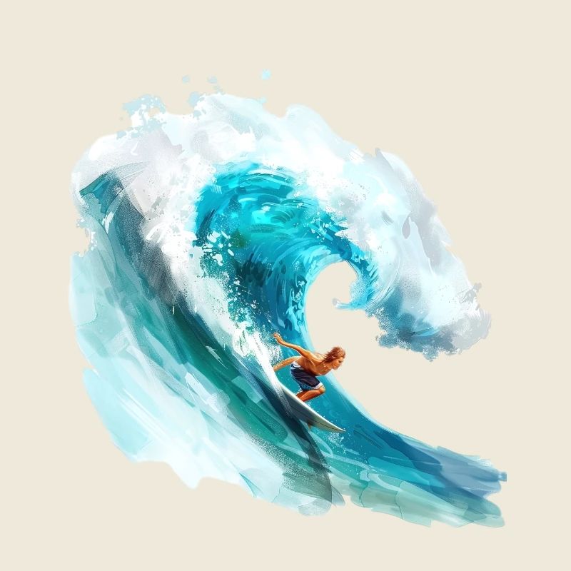 Surfer riding a big wave in a 2D