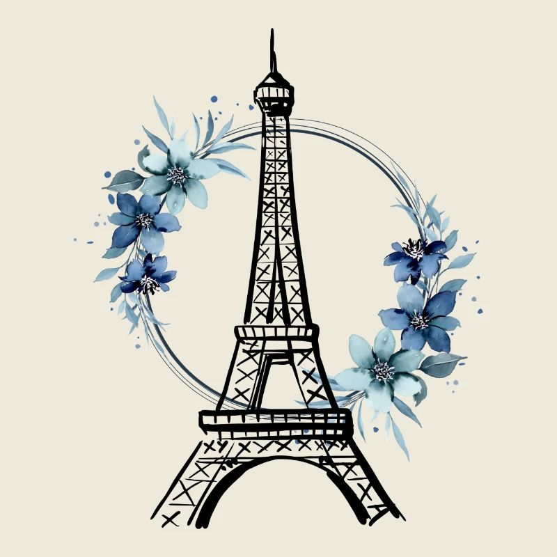 Paris Eiffel Tower France Floral Line Art