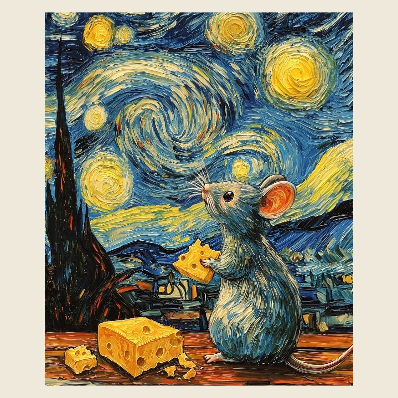 Souris mange du fromage Nuit étoilée à la Van Gogh