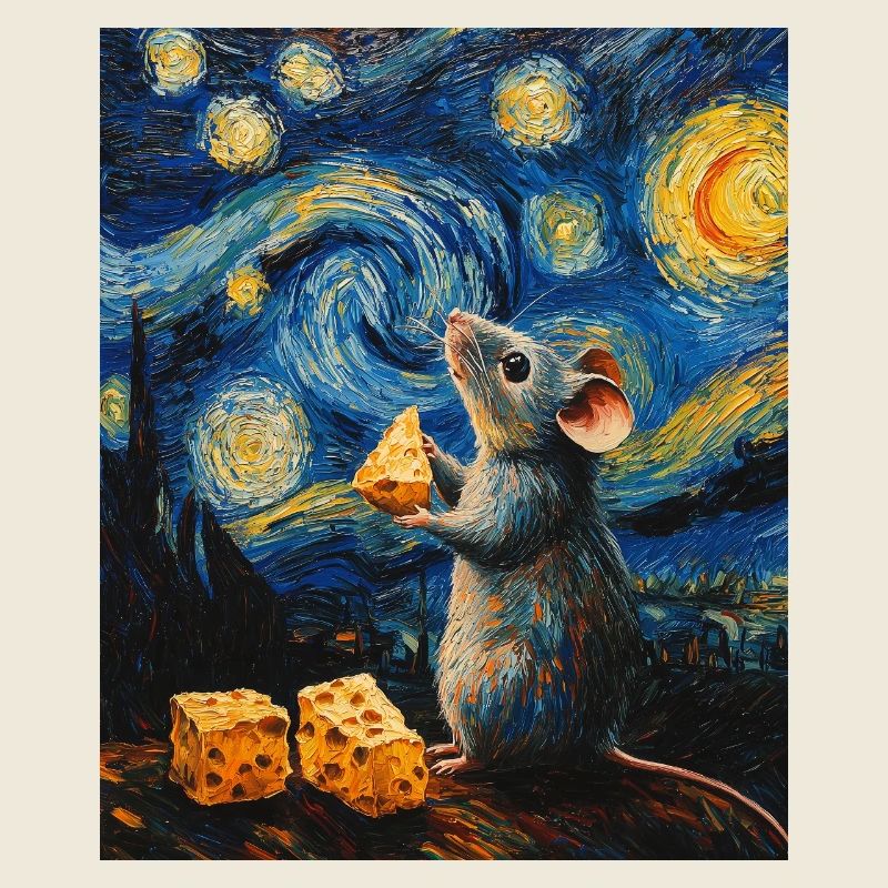 Souris mange du fromage Nuit étoilée à la Van Gogh