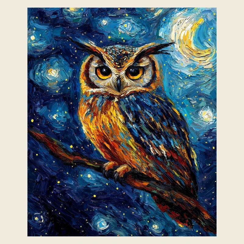 hibou oiseau style van gogh nuit étoilée