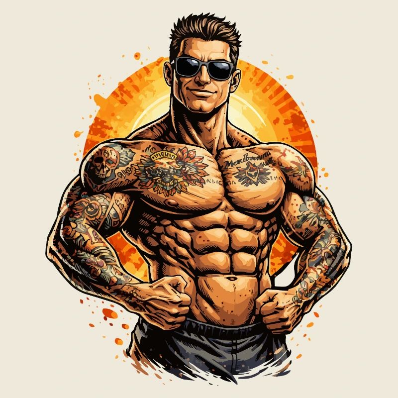 Tattoo muscle man in the sun fire