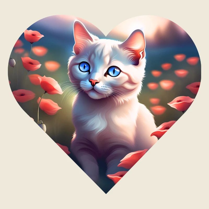 Petit chat blanc au milieu des coquelicots