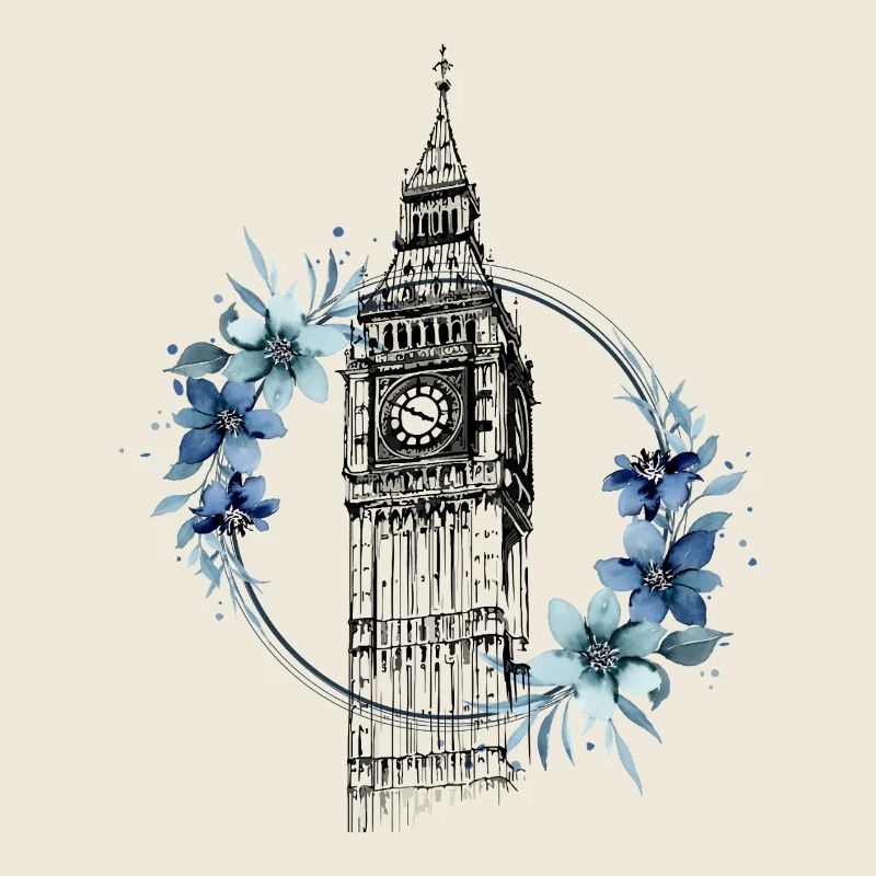 London Big Ben England Blumen Line Art Kunst
