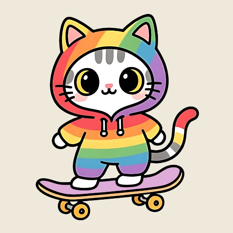 Regenbogenkatze auf Skateboard