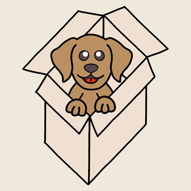 Chien câlin dans une boîte