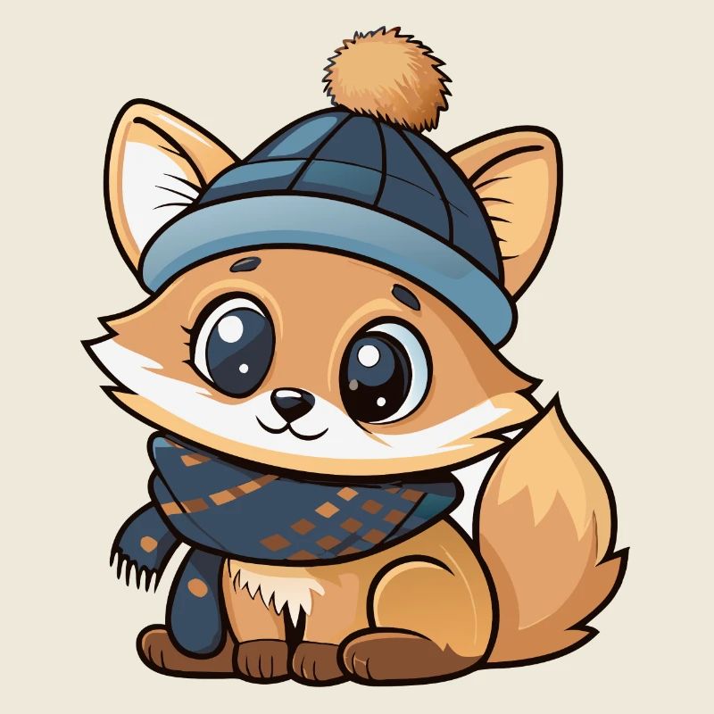 Renard mignon avec écharpe et chapeau à pompon.