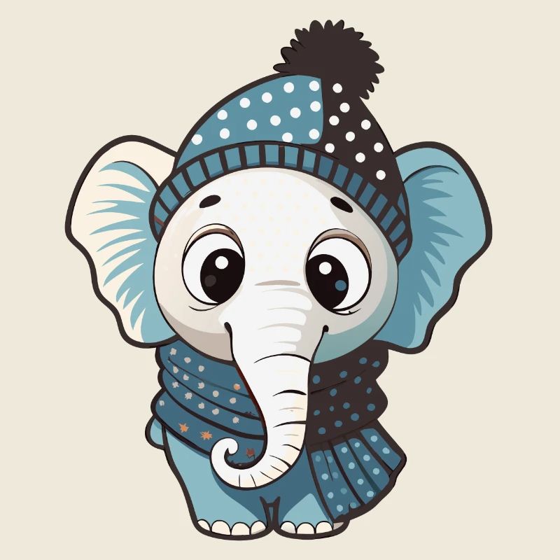Cute elephant with scarf and bobble hat.