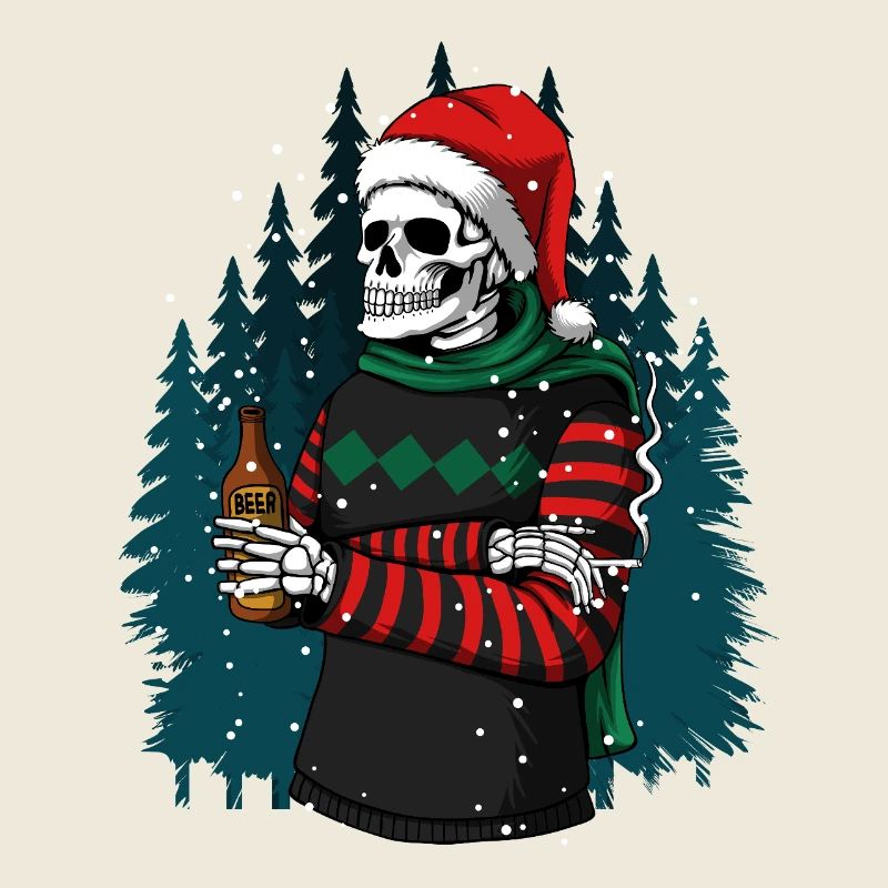 Skelett mit Santa-Hut trinkt Bier im Winterwald