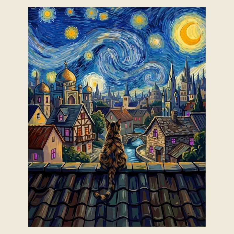 Tabby-Katze Sternennacht-Dorf-Kunst