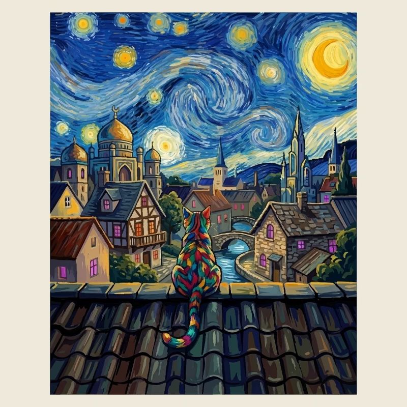 Regenbogenkatze Sternennacht Van Gogh Kunst