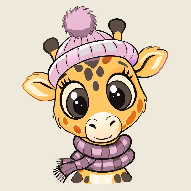 Jolie girafe avec écharpe et chapeau à pompon.