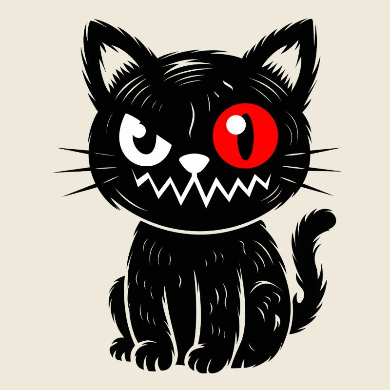 Schwarze Katze mit rotem Auge sitzend 