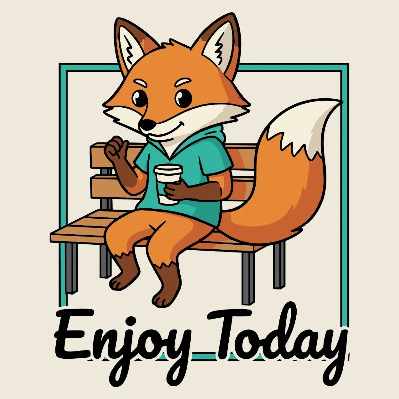 Fuchs auf Bank mit Hoodie Kaffee