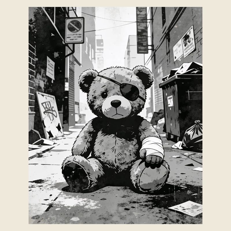 Ours en peluche avec cache-œil près de la route