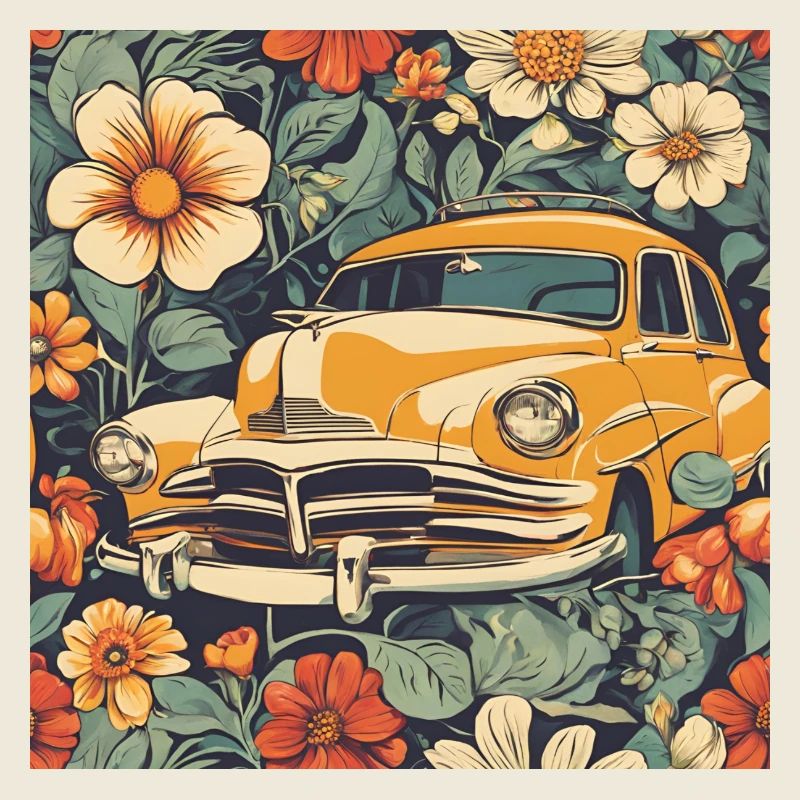 Voiture ancienne dans le cosmos fleuri