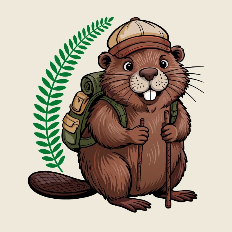 Castor drôle avec des bâtons de randonnée et un sac à dos