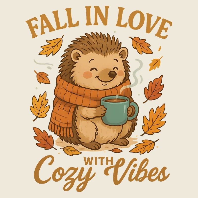 Autumn cuddle with hedgehog and cup