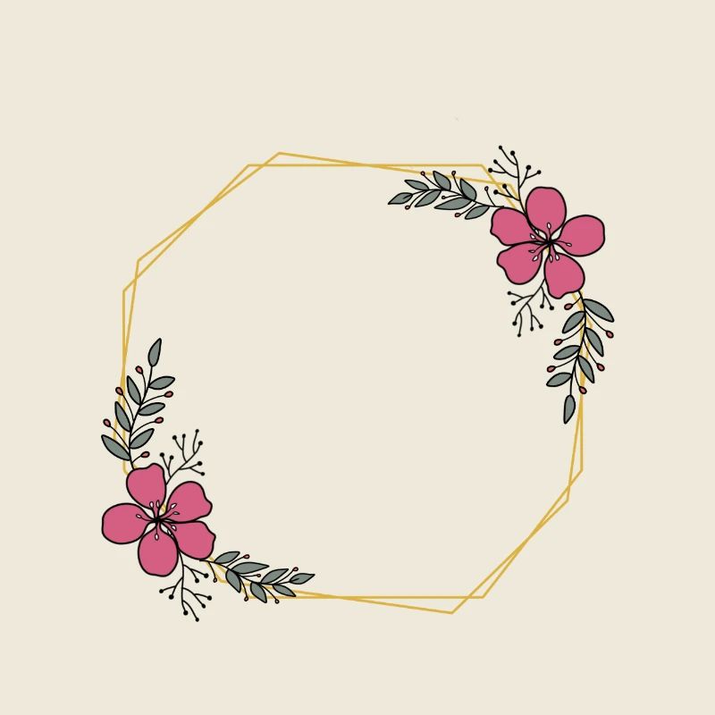 Octogone jaune doré - Fleurs rouges et feuilles vertes