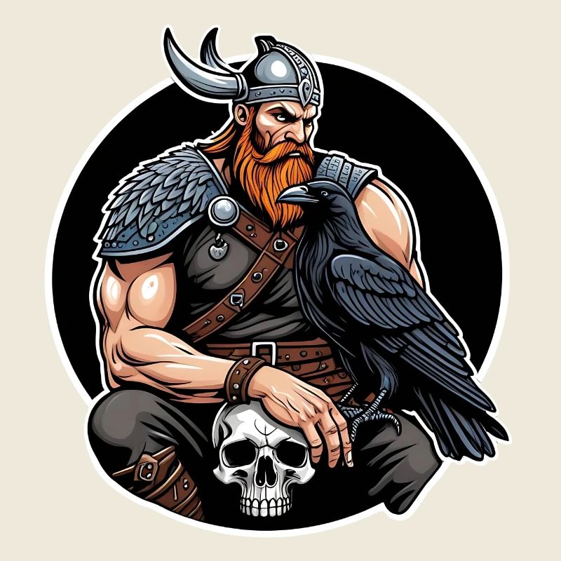 Wikinger mit Schädel und Rabe
