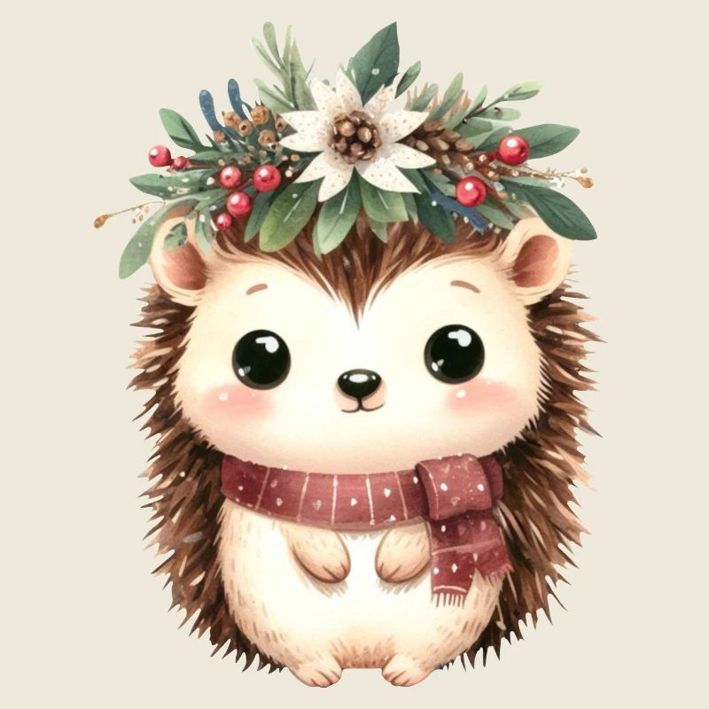 Hérisson mignon avec écharpe et couronne de Noël