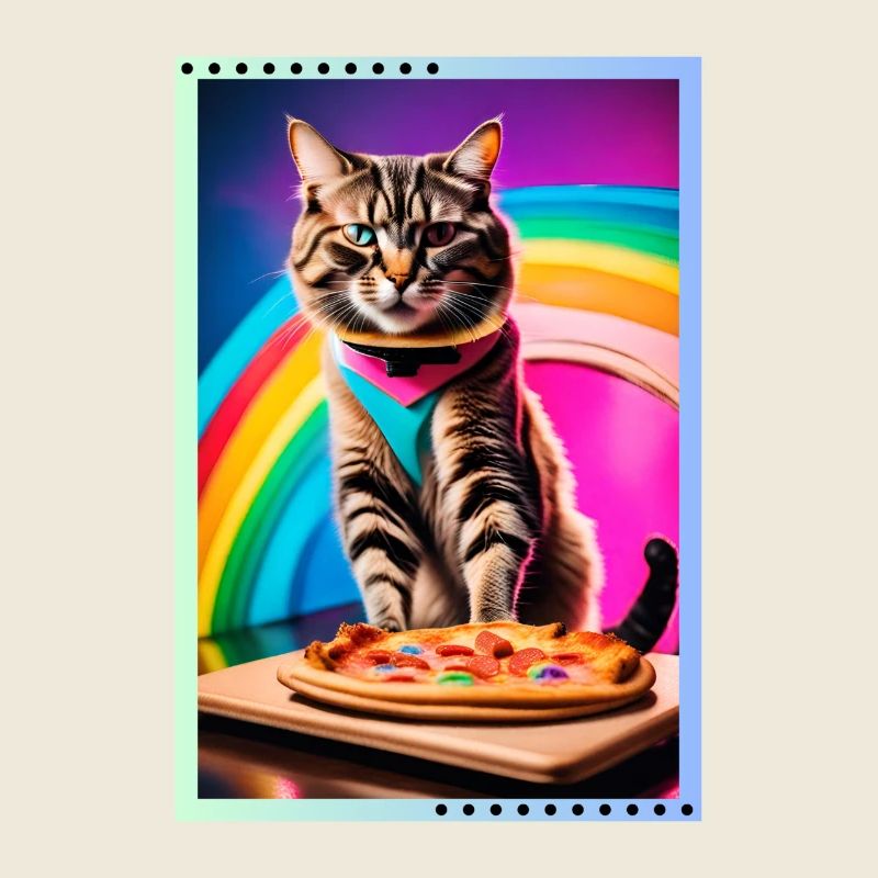 Rainbow cat with pizza