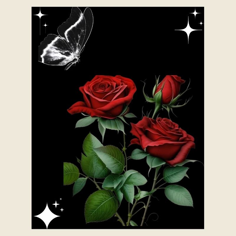 Rote Rosen mit Schmetterling und Sternen
