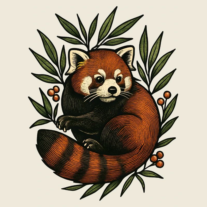 Panda rouge en feuillage vintage