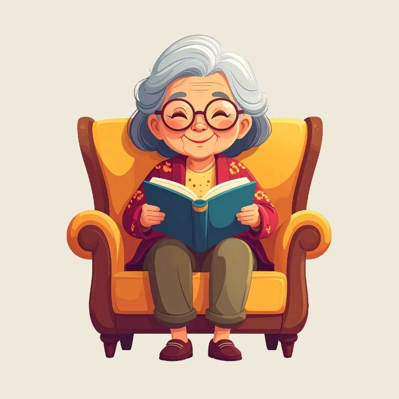 Grand-mère assise dans le fauteuil en train de lire un livre