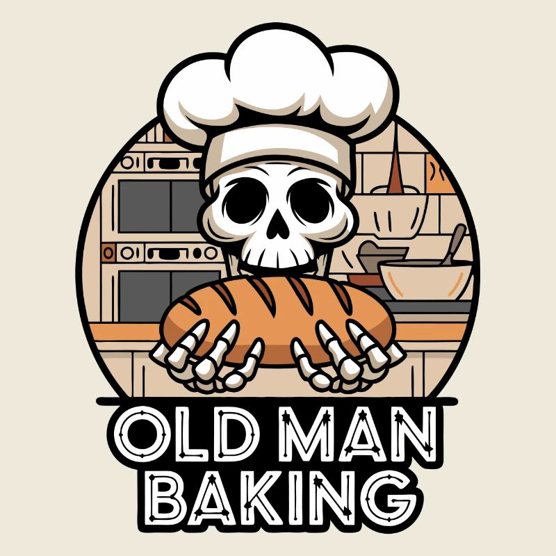 Lustiger Bäcker Skull mit Brot. Alter Mann backt