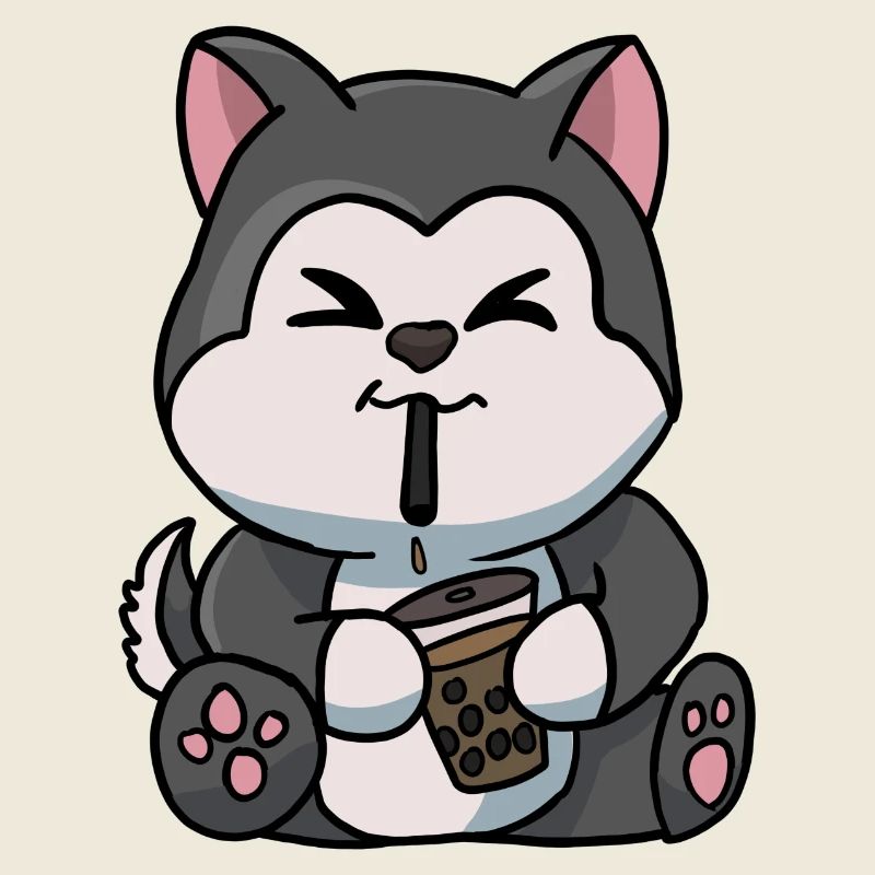 Anime Kawaii Bubble Tea Drinking Husky Hand Drawn
