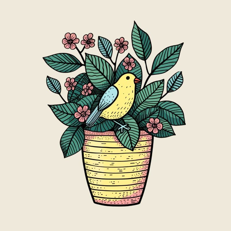 Oiseau dans Pot de Fleurs - Style Dessin