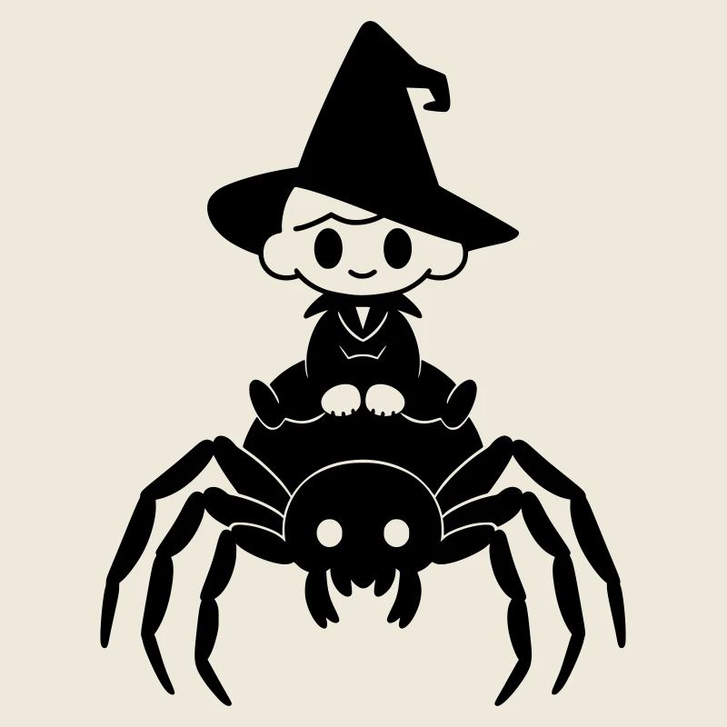 Cute Witch Rides Spider Halloween Motif