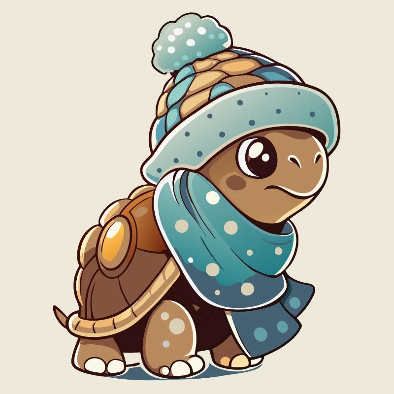 Cute turtle with scarf and bobble hat.