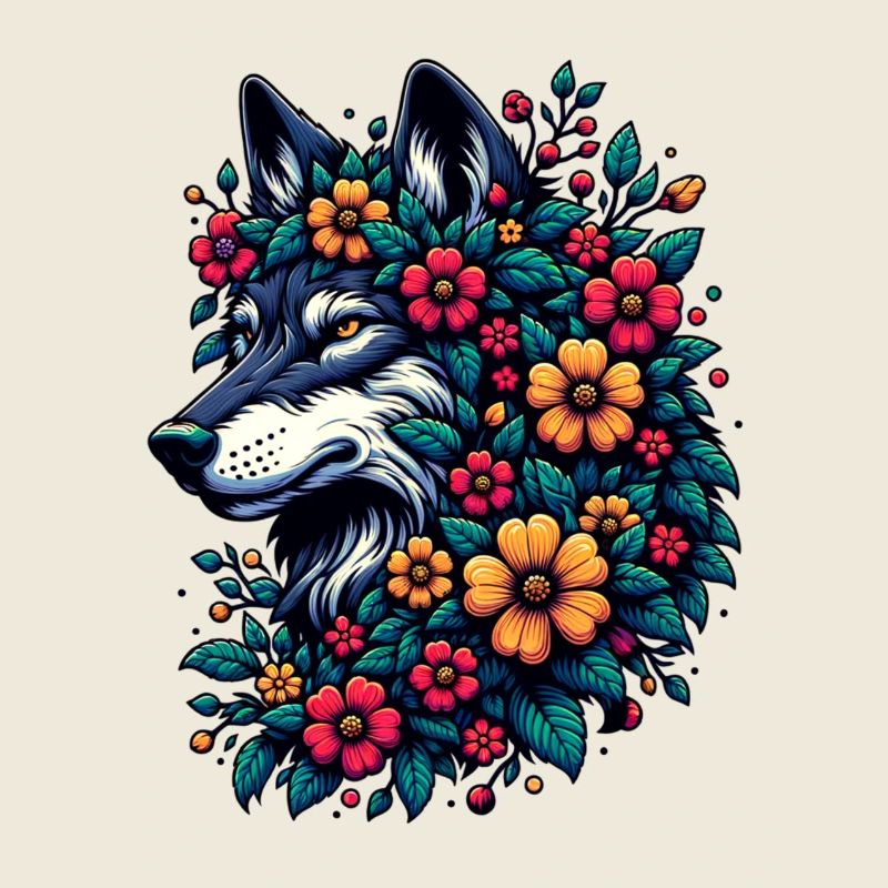 Loup avec des fleurs motif animal coloré Fleurs de loup gris