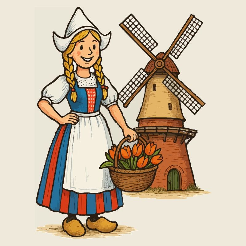 Holländische Bäuerin mit Windmühle und Tulpen