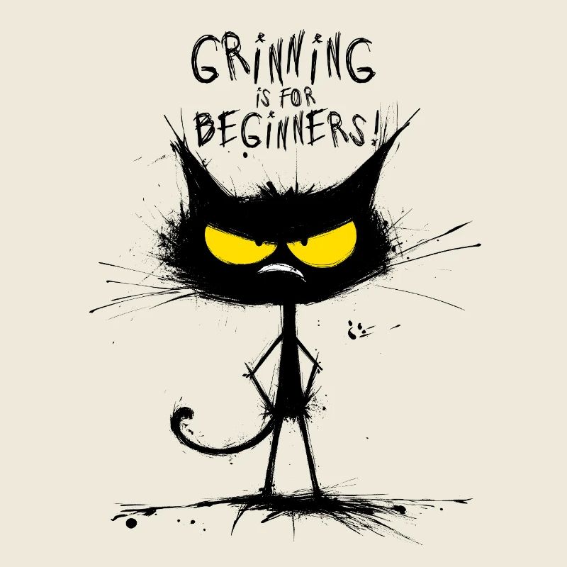 Grumpy Black Cat  – Smiling Is for Beginners